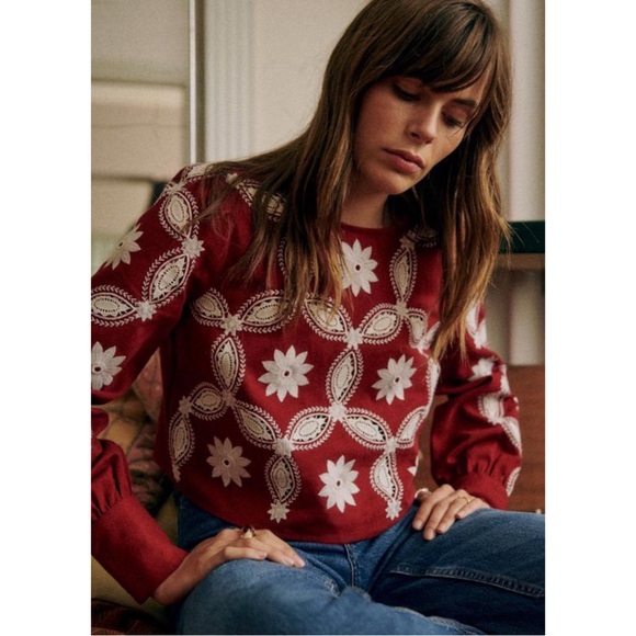SEZANE Burgundy Red & White Floral Embroidered Button Back Flamine Blouse Top - Picture 1 of 15